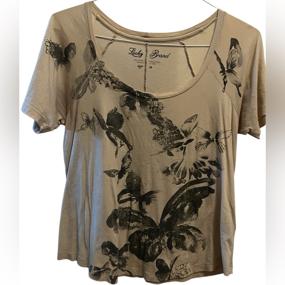 Lucky Brand Tan Short Sleeve Tee with Black Floral Design
